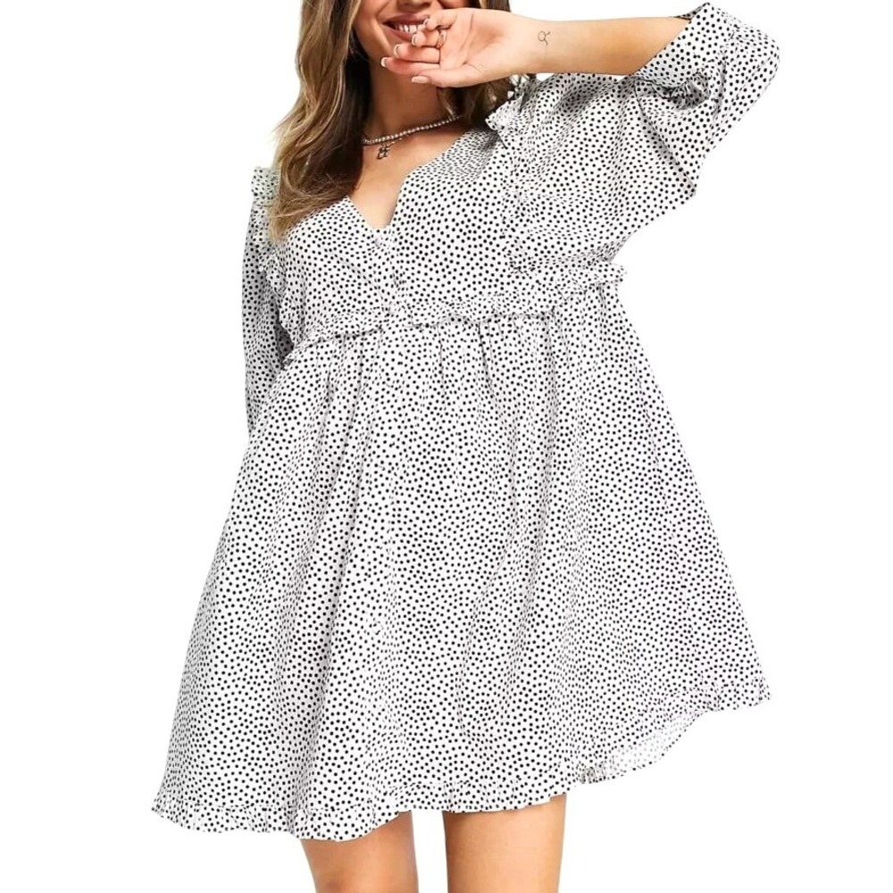 ASOS Design Polka Dot Mini Dress Black White Ruffle Babydoll Size 6